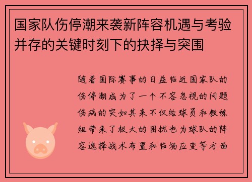 国家队伤停潮来袭新阵容机遇与考验并存的关键时刻下的抉择与突围