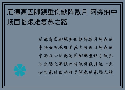 厄德高因脚踝重伤缺阵数月 阿森纳中场面临艰难复苏之路