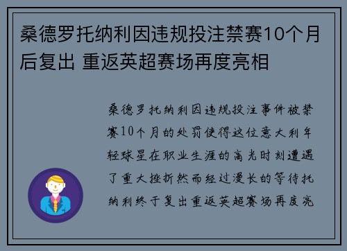 桑德罗托纳利因违规投注禁赛10个月后复出 重返英超赛场再度亮相