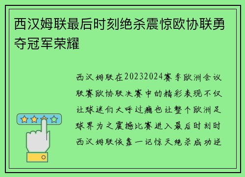 西汉姆联最后时刻绝杀震惊欧协联勇夺冠军荣耀